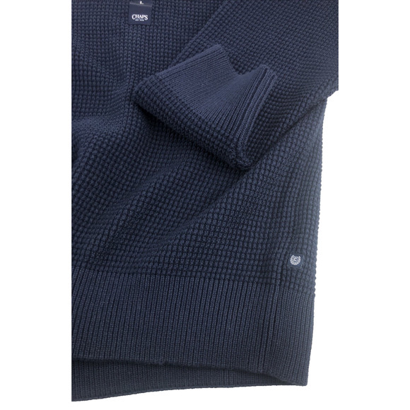 Chaps‎ Men's Sweater Large Cable Knit Mock Neck Quarter Button Pullover Blue - Picture 10 of 14